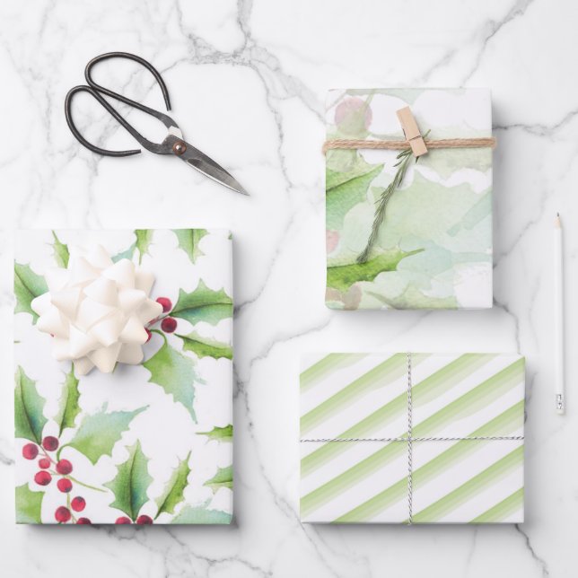 Botanical Christmas Watercolor Wrapping Paper Sheet (Front)