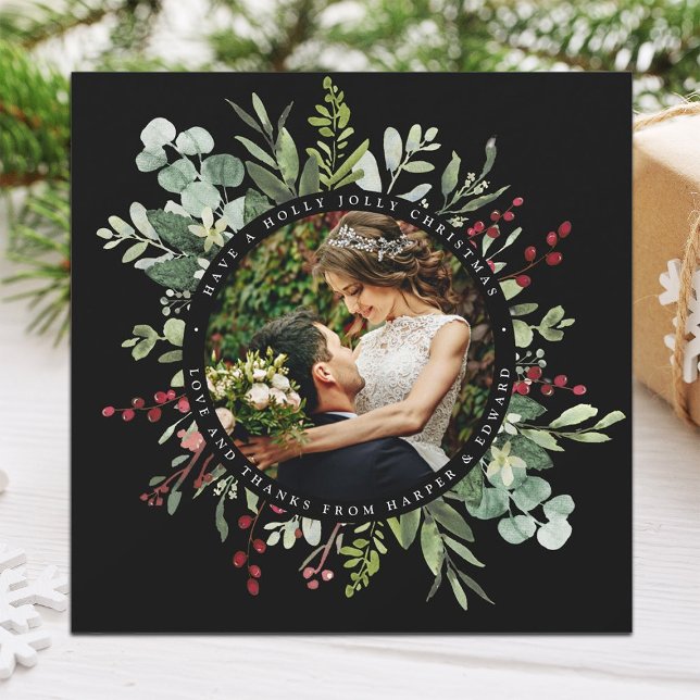 Botanical Christmas Wedding Photo Black Square Thank You Card (Creator Uploaded)