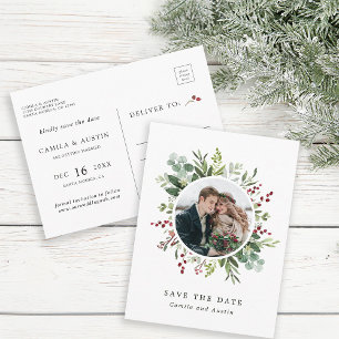 Botanical Christmas Wedding Photo Save The Date Postcard