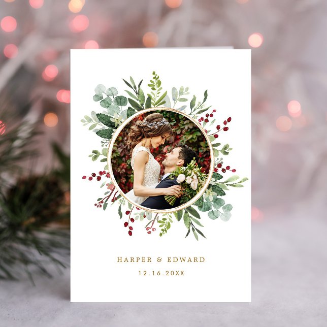 Botanical Christmas Wedding Photo Thank You Folded Card (Creator Uploaded)