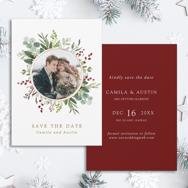 Botanical Christmas Winter Wedding Gold Photo Save The Date (Front & Back)
