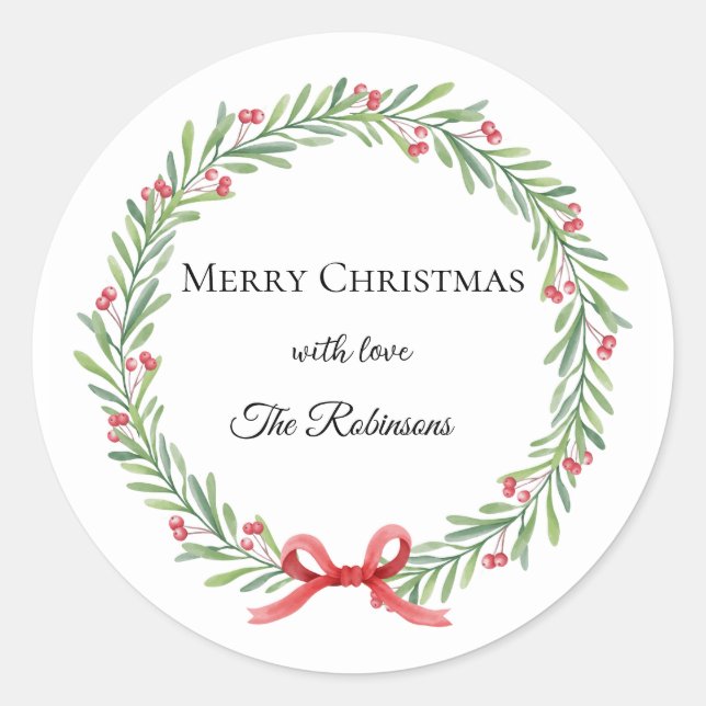 Botanical Christmas Wreath Modern Script Classic Round Sticker (Front)