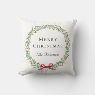 Botanical Christmas Wreath Modern Script  Cushion