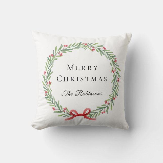 Botanical Christmas Wreath Modern Script  Cushion (Front)