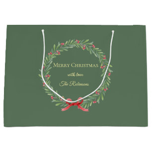 Botanical Christmas Wreath Modern Script Large Gift Bag