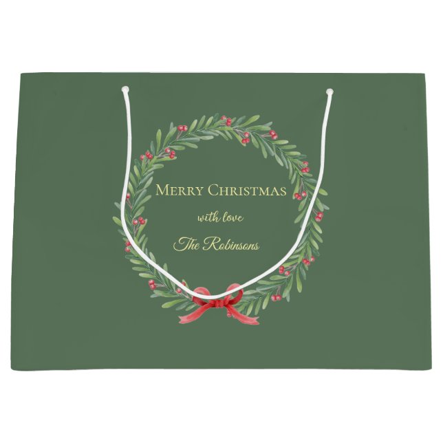 Botanical Christmas Wreath Modern Script Large Gift Bag (Front)