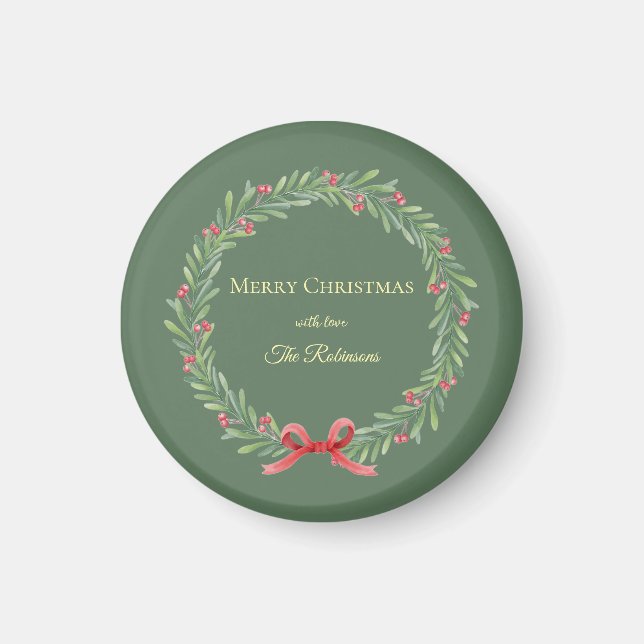 Botanical Christmas Wreath Modern Script Magnet (Front)