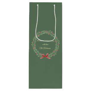 Botanical Christmas Wreath Modern Script  Wine Gift Bag