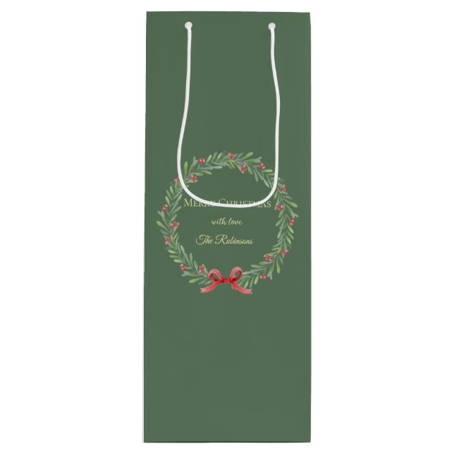 Botanical Christmas Wreath Modern Script  Wine Gift Bag (Front)