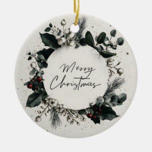 Botanical Christmas Wreath with "Merry Christmas" Ceramic Ornament