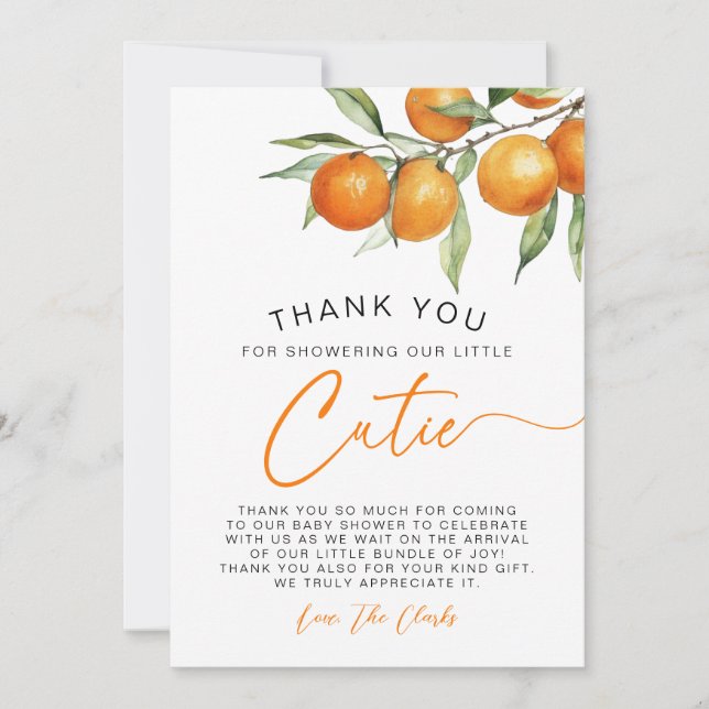 Botanical Citrus Orange Little Cutie Baby Shower Thank You Card (Front)
