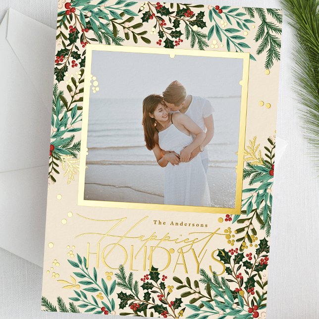 Botanical Classic Elegance Christmas 1 Photo Foil Holiday Card (Creator Uploaded)
