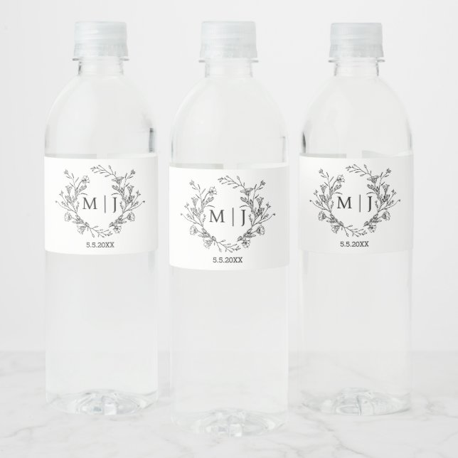 botanical classic typography monogram wedding  water bottle label (Bottles)