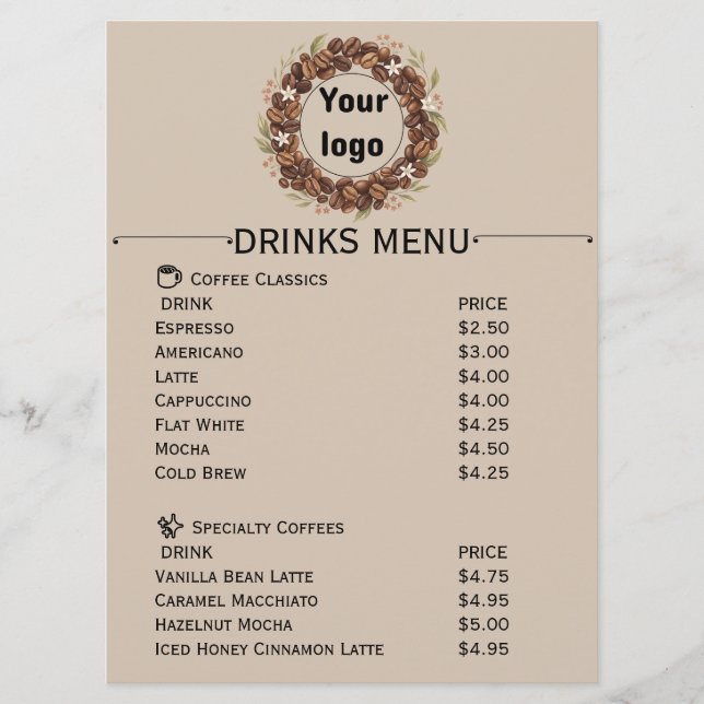 Botanical Coffee Bean Wreath Custom Logo Menu (Front)