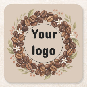 Botanical Coffee Bean Wreath Custom Logo Square Paper Coaster