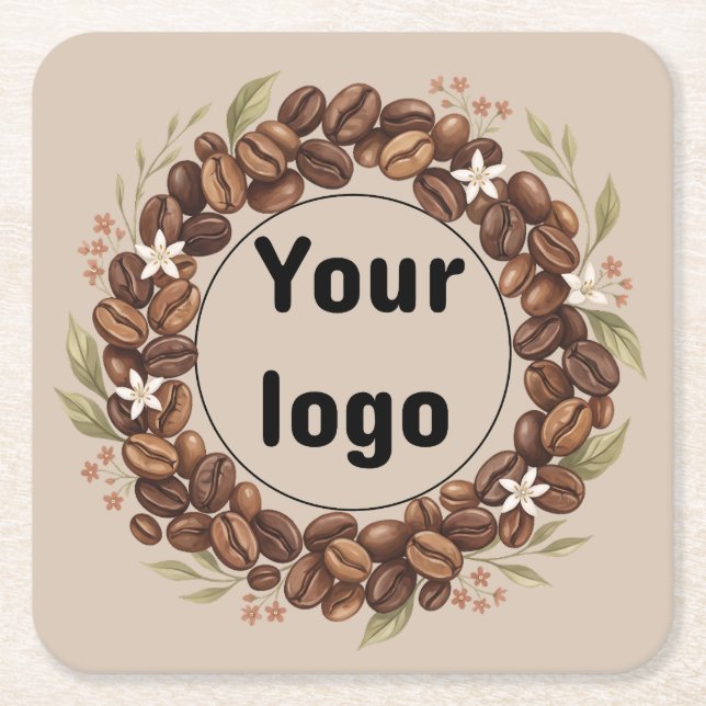 Botanical Coffee Bean Wreath Custom Logo Square Paper Coaster (Front)