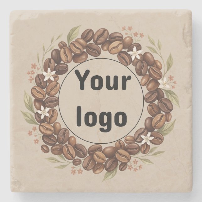 Botanical Coffee Bean Wreath Custom Logo Stone Coaster (Front)