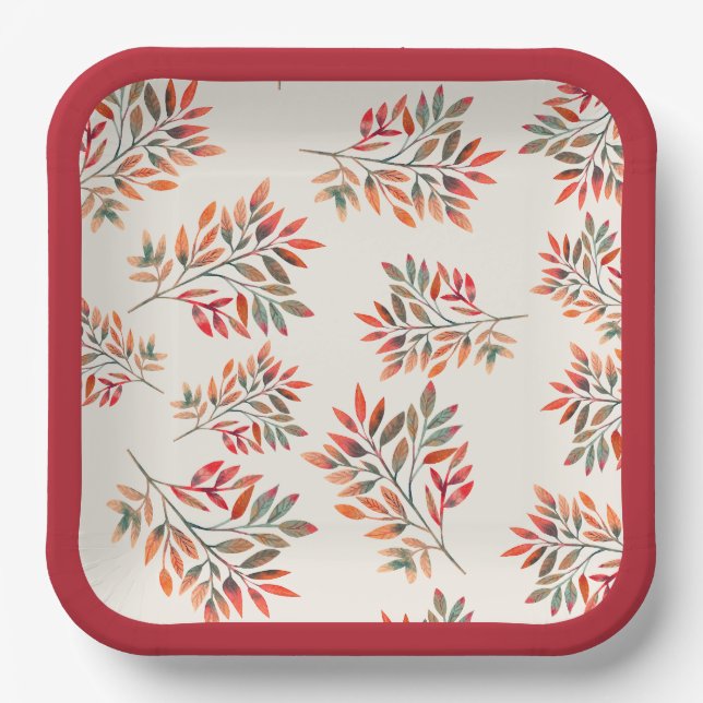 Botanical Colourful Fall Leaves Ivory Customisable Paper Plate (Front)