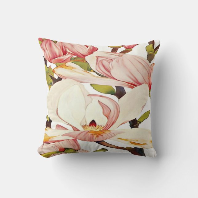 Botanical Coral Pink Magnolia Flowers Floral Art Cushion (Front)