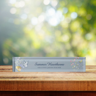 Botanical Cottage Core Floral Butterfly Dusty Blue Nameplate