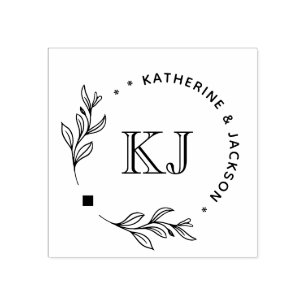 Botanical Couple Name initial Wedding Circular Rubber Stamp