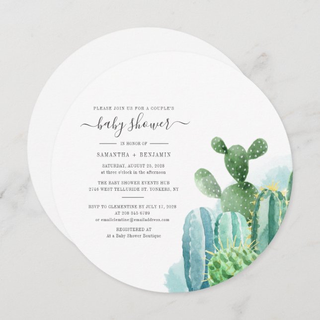 Botanical Couples Baby Shower Cacti Script Plants Invitation (Front/Back)