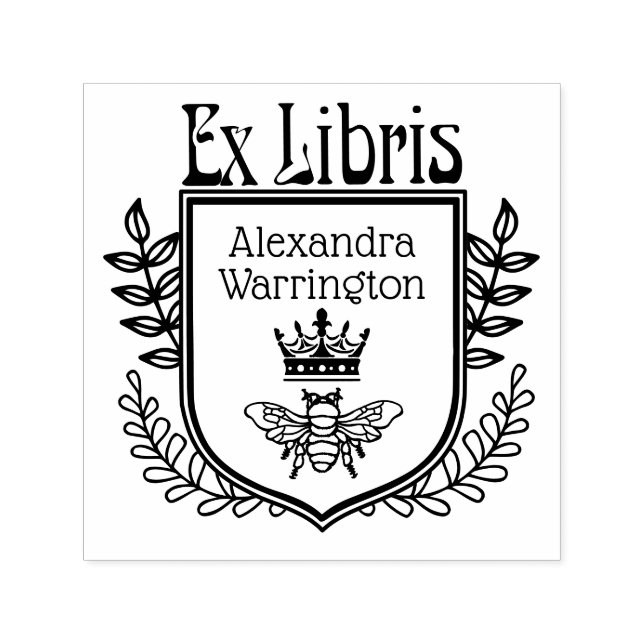 Botanical Crest Bee with Crown Ex Libris Book Name Self-inking Stamp (Design)