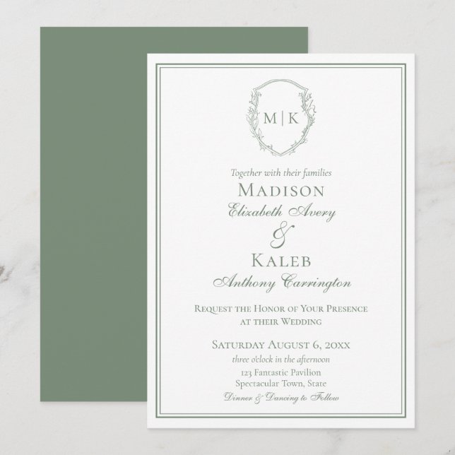 Botanical Crest Classic Elegant Monogram Sage Invitation (Front/Back)