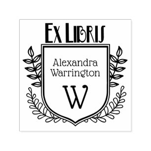Botanical Crest Ex Libris Book Name Initial Self-inking Stamp