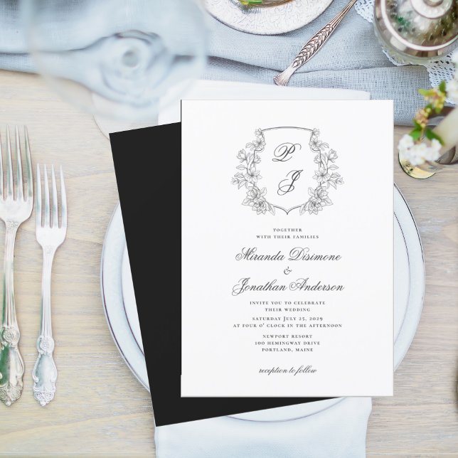 Botanical Crest Monogram Black White Wedding Invitation (Creator Uploaded)