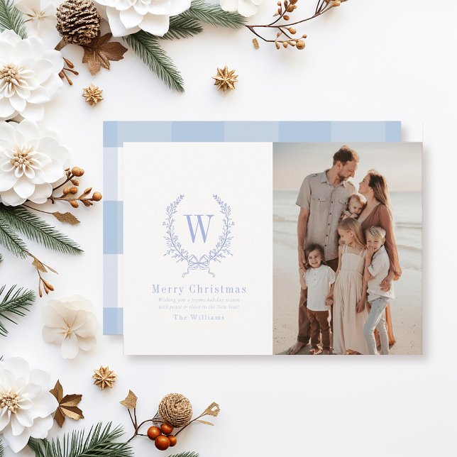 Botanical Crest Monogram Blue Christmas Photo Holiday Card (Creator Uploaded)