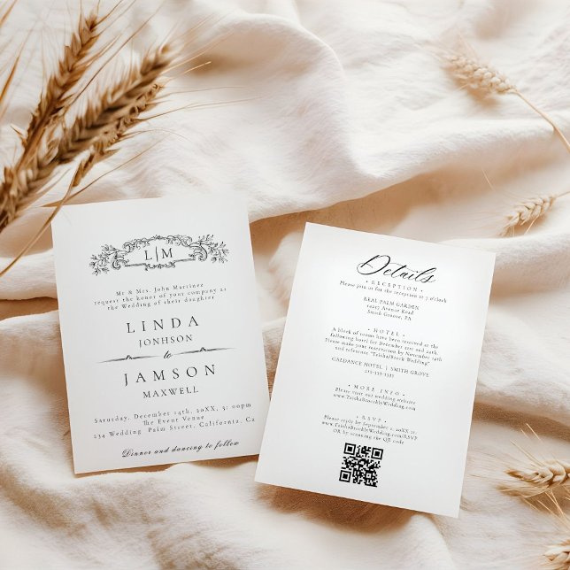 Botanical crest monogram Qr Code wedding Details Invitation (Creator Uploaded)