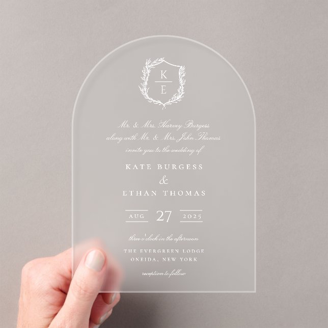 Botanical Crest Monogram Wedding Acrylic Invitations (Insitu (Handheld))