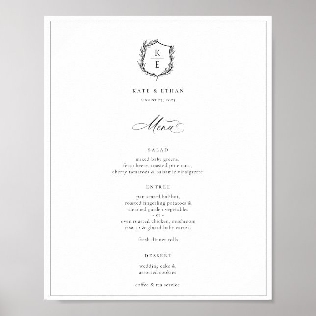 Botanical Crest Monogram Wedding Menu Poster (Front)