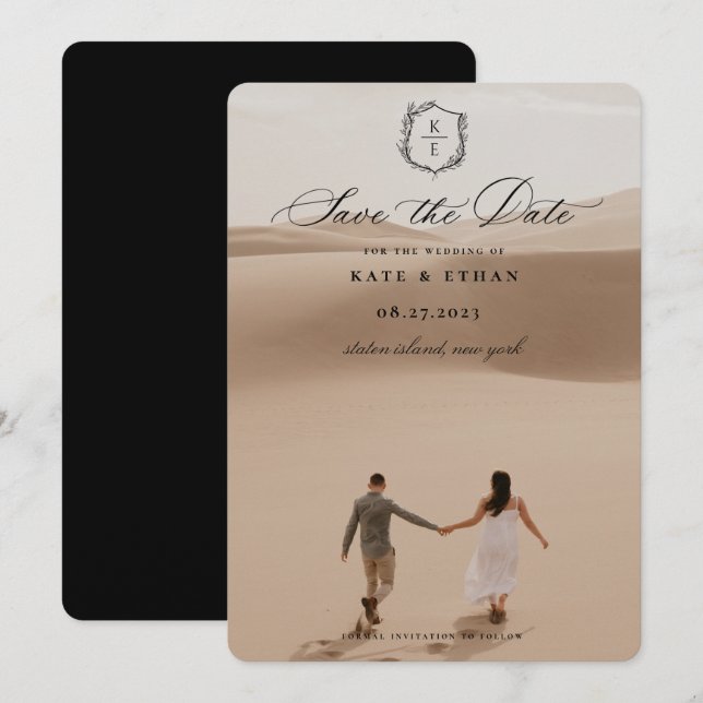 Botanical Crest Monogram Wedding Photo Save The Date (Front/Back)