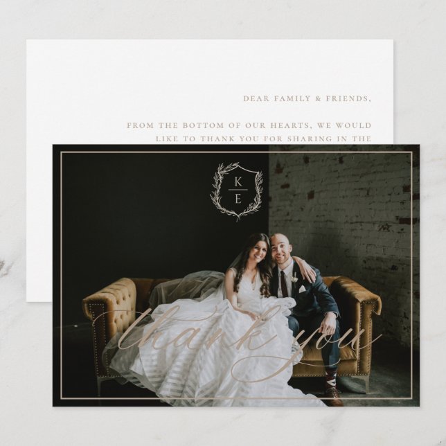 Botanical Crest Monogram Wedding Photo Thank You Card (Front/Back)