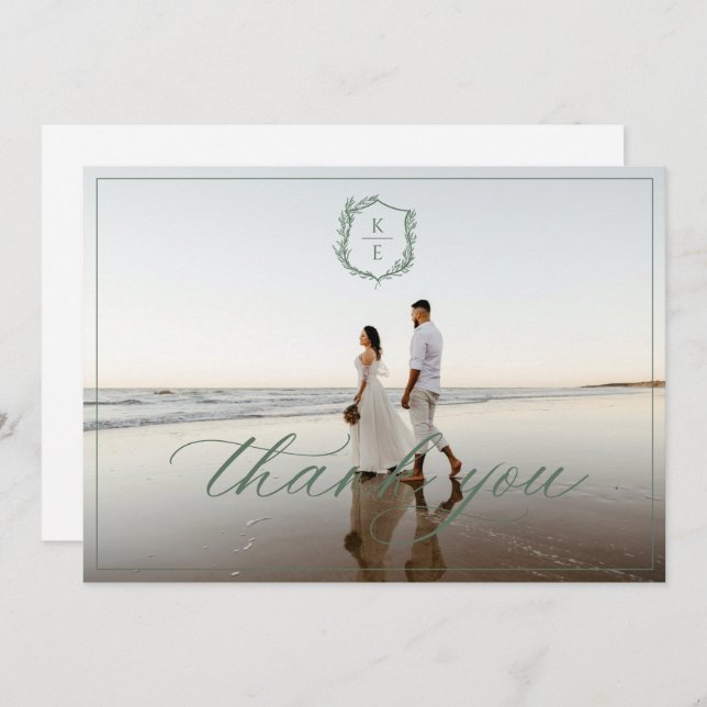 Botanical Crest Monogram Wedding Photo Thank You Card (Front/Back)