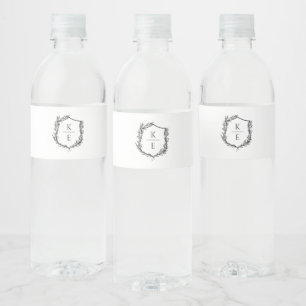 Botanical Crest Monogram Wedding Water Bottle Labe Label