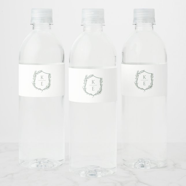 Botanical Crest Monogram Wedding Water Bottle Label (Bottles)