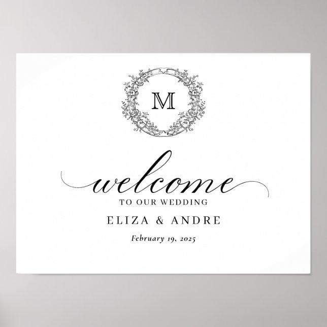 Botanical Crest Monogram Wedding Welcome Sign (Front)