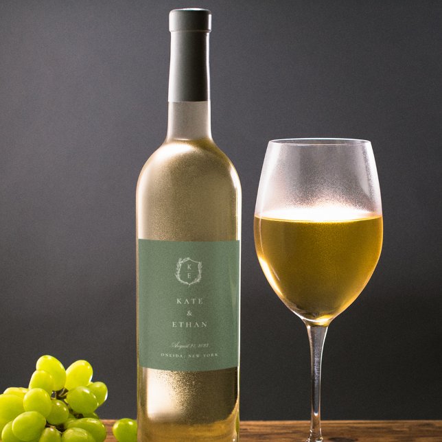 Botanical Crest Monogram Wedding Wine Label (Creator Uploaded)