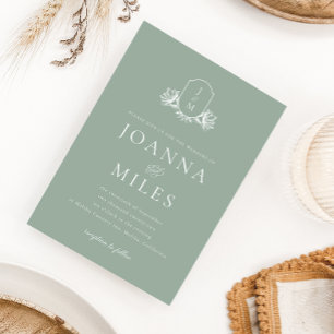 Botanical Crest Sage Green Monogram Invitation