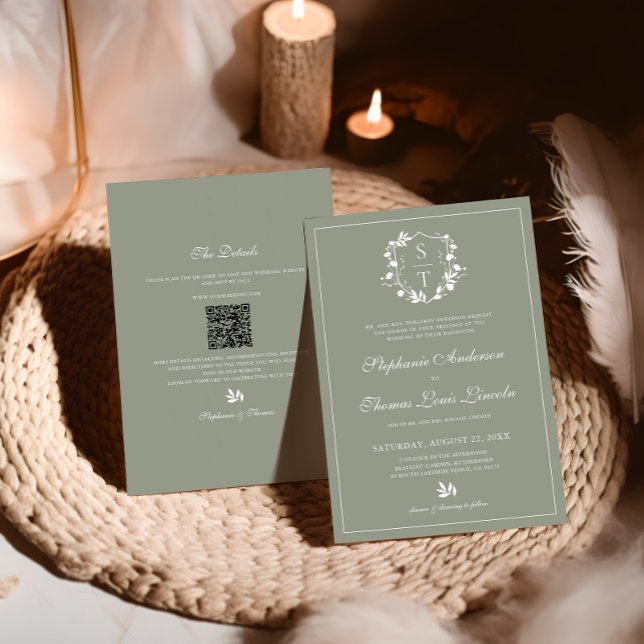Botanical Crest Sage Green Wedding QR Code Invitation (Creator Uploaded)