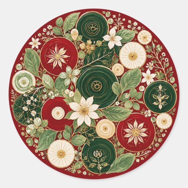 Botanical Crimson Wreath Classic Round Sticker (Front)