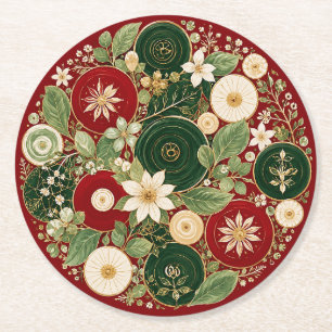 Botanical Crimson Wreath Round Paper Coaster