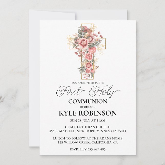 botanical cross first communion invitations (Front)