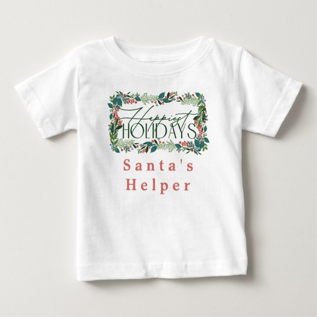 Botanical Custom Text Festive Holiday Christmas Baby T-Shirt (Front)