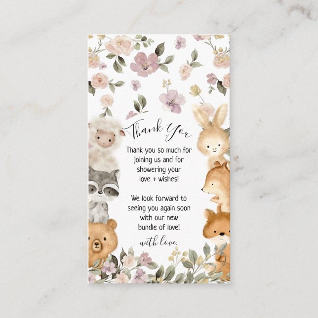 Botanical Cute Forest Baby Animal Thank You Enclosure Card (Front)