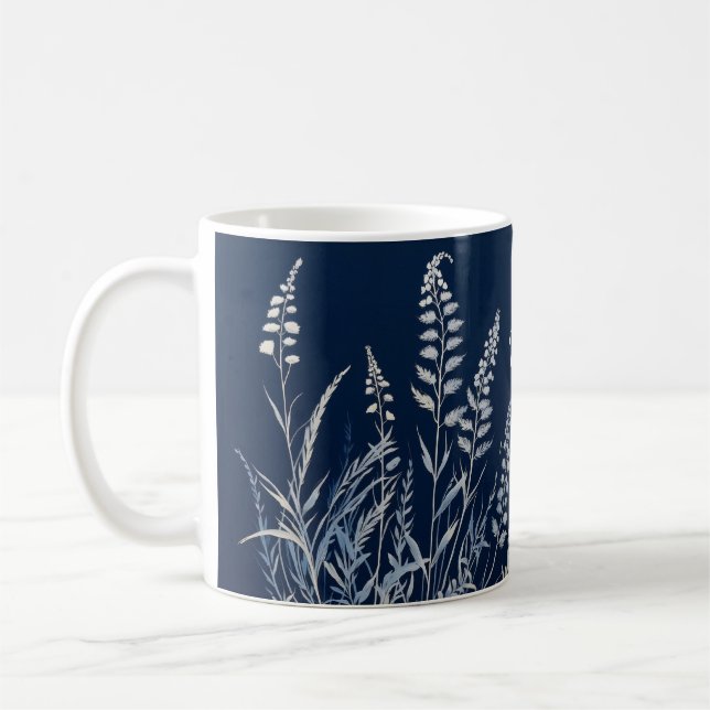 Botanical Cyanotype Blue White Personalised Coffee Mug (Left)