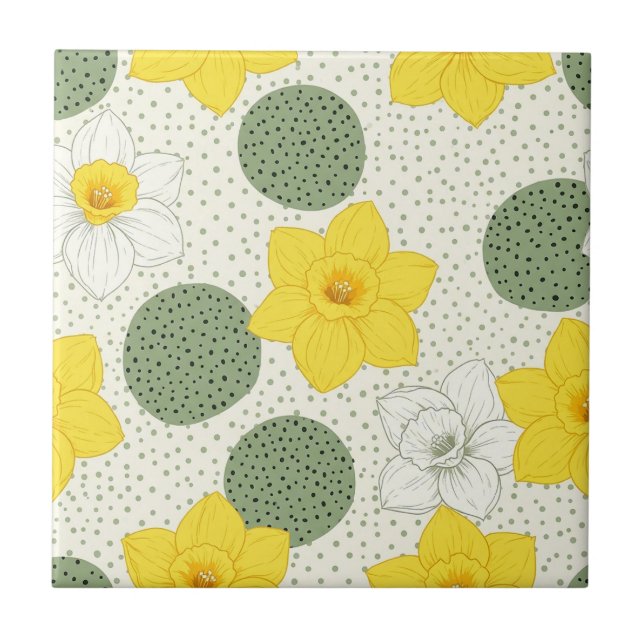 Botanical Daffodil Floral Geometric Pattern Ceramic Tile (Front)